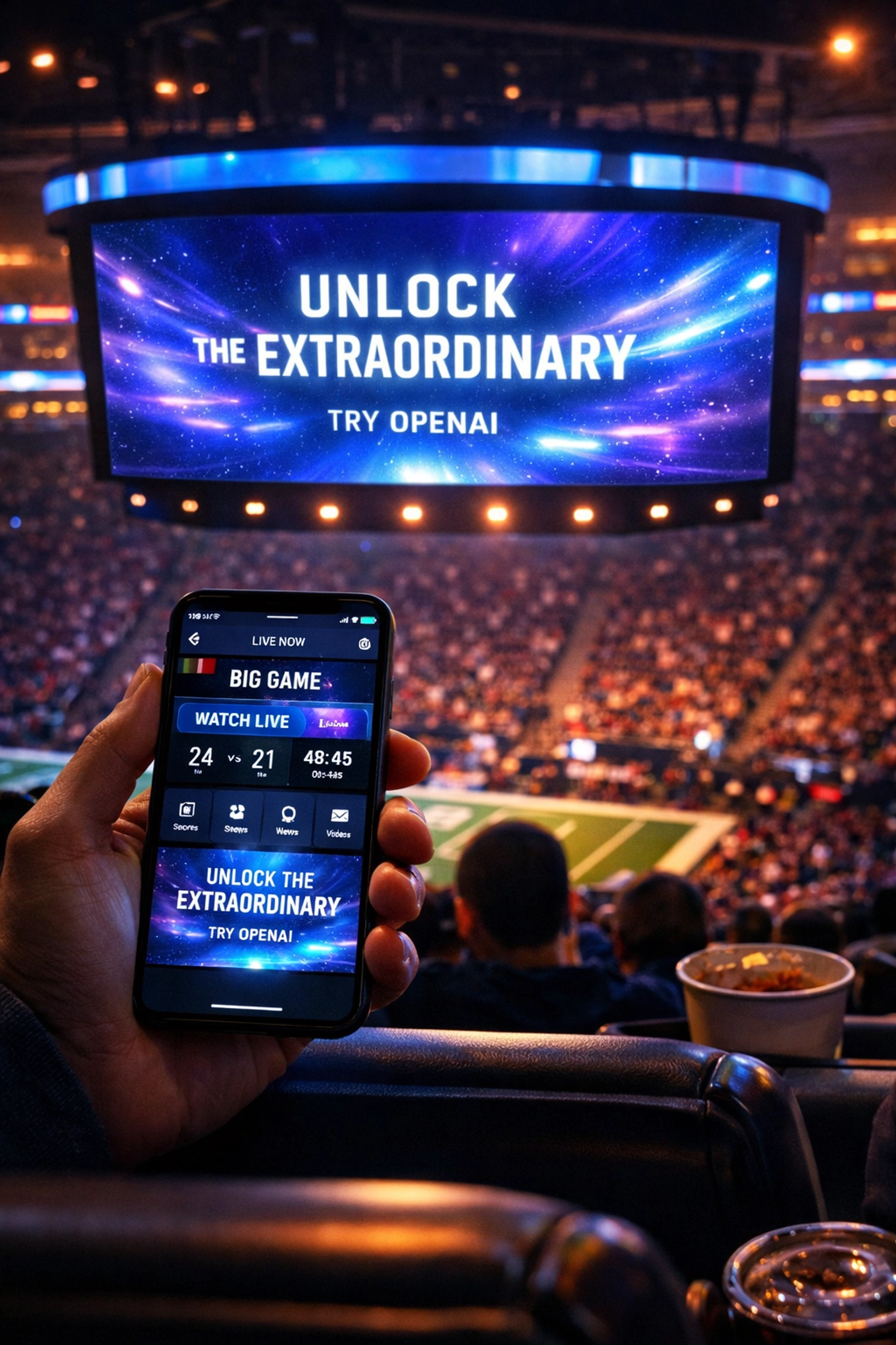 Omnichannel marketing showing a smartphone synced with a massive arena digital display screen.