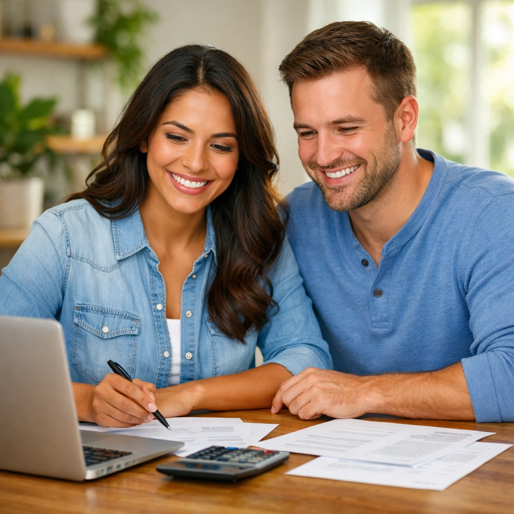 Diverse couple reviewing marriage green card fees and application paperwork at home.