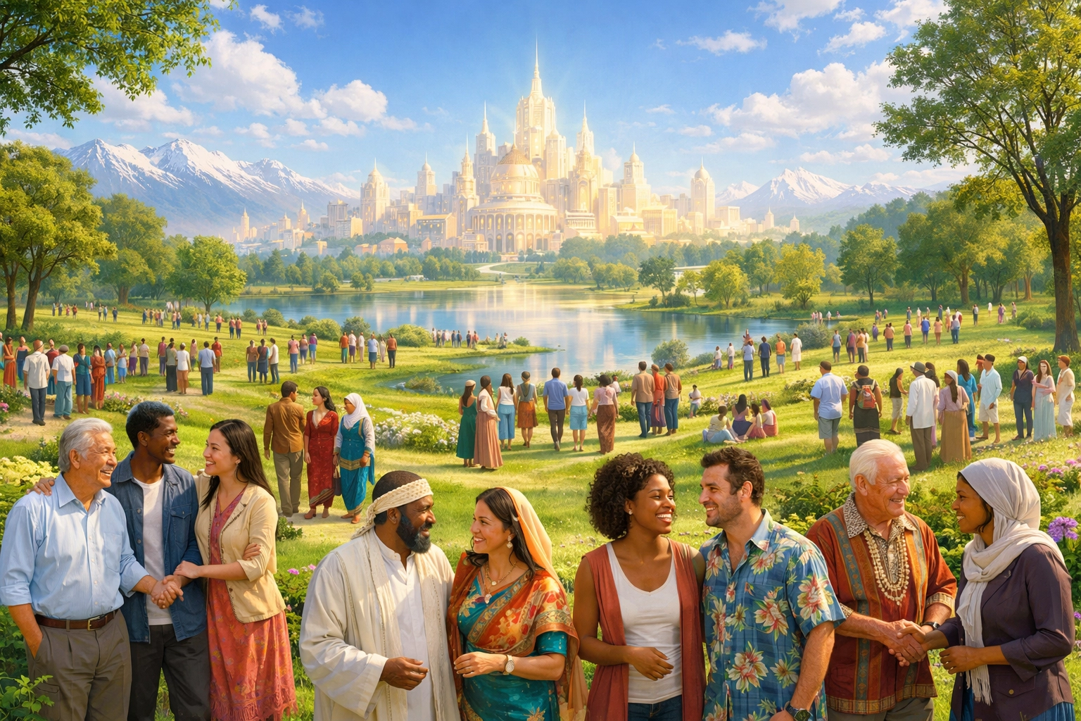 A diverse global community of believers walking in unity and peace within the beautiful landscape of the New Earth.