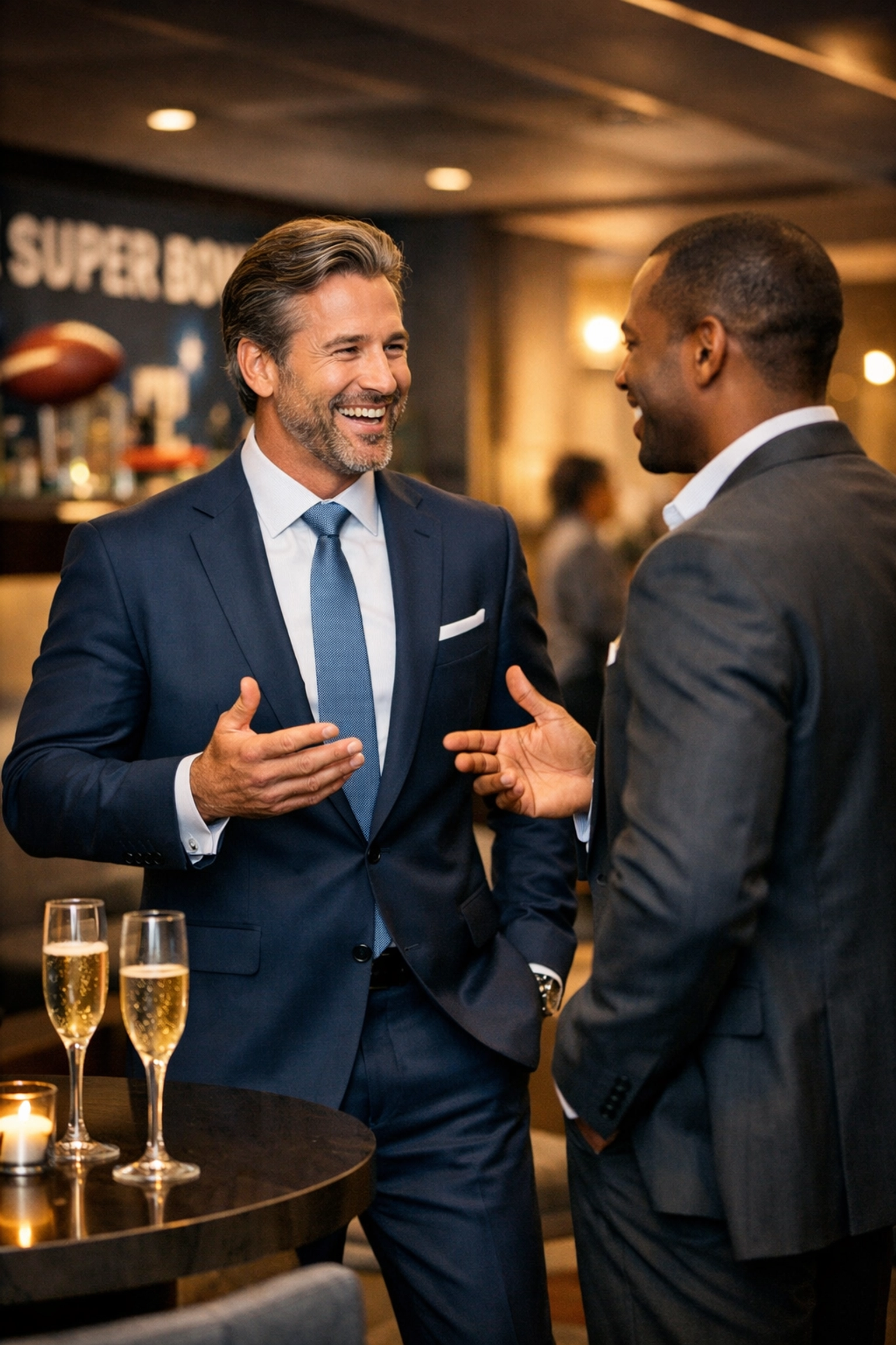 NEWSLETTER: Stop Losing Million-Dollar Deals at Super Bowl Events – Try These 7 Networking Hacks Top CEOs Use Business executives networking at luxury Super Bowl event lounge