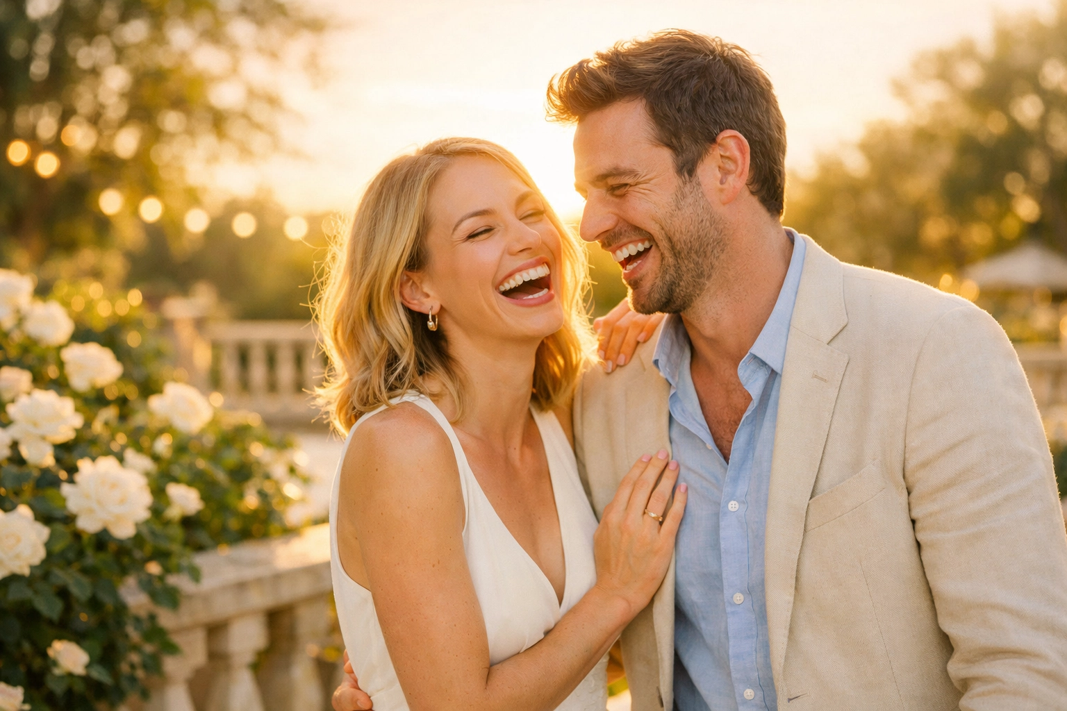 Happy couple celebrating a stress-free marriage foundation after a debt-free wedding.