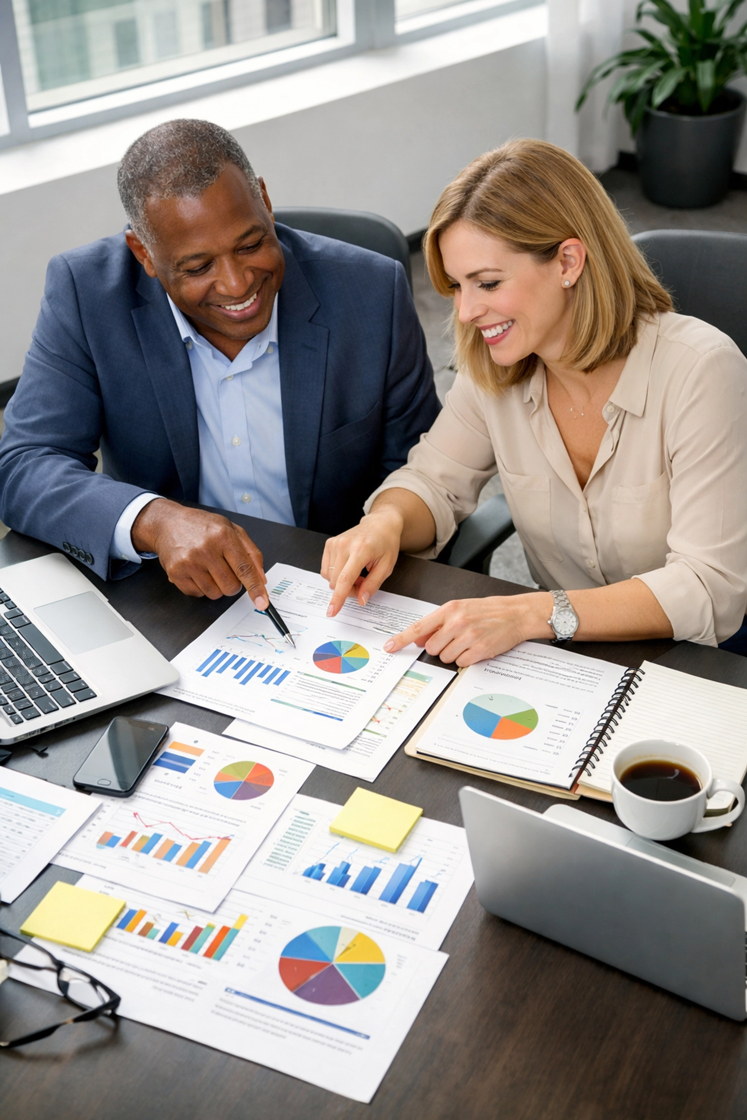 Business owners planning tax strategy with financial documents