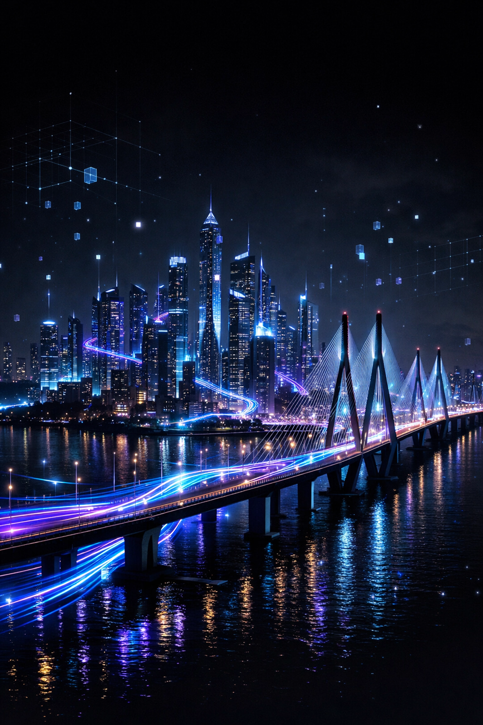Futuristic Mumbai skyline at night symbolizing data-driven performance marketing strategies for Indian brands.
