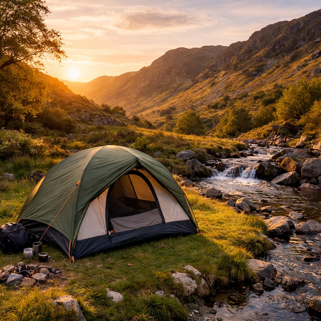 A wild camping tent in a secluded valley, part of an expert-led guided walk in the Lake District.