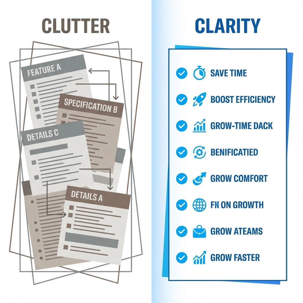 Comparison graphic of cluttered feature lists versus clear benefit-driven bullet points on a landing page