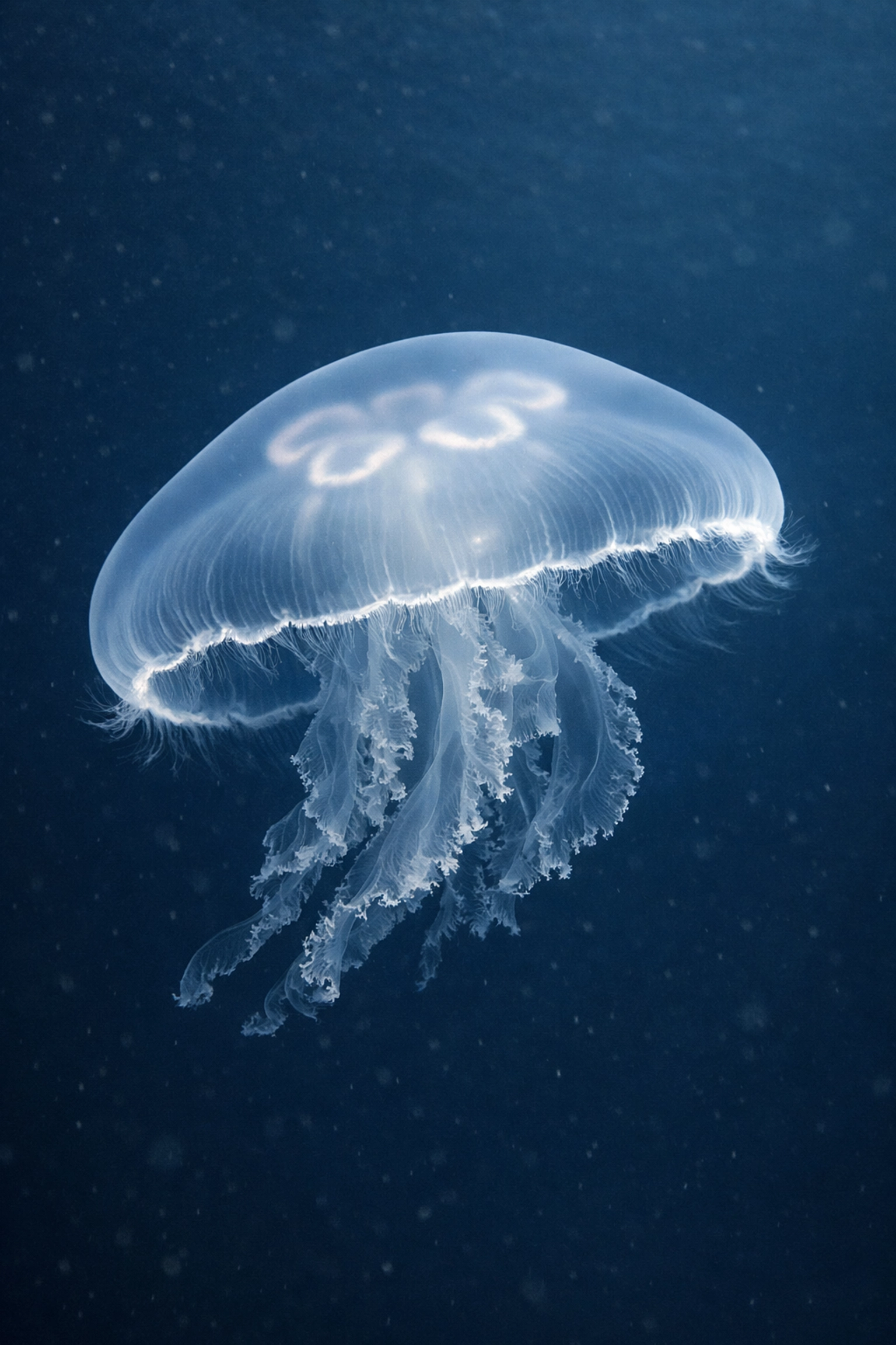 Translucent moon jellyfish in deep blue water, ideal for immersive aquarium social media storytelling.