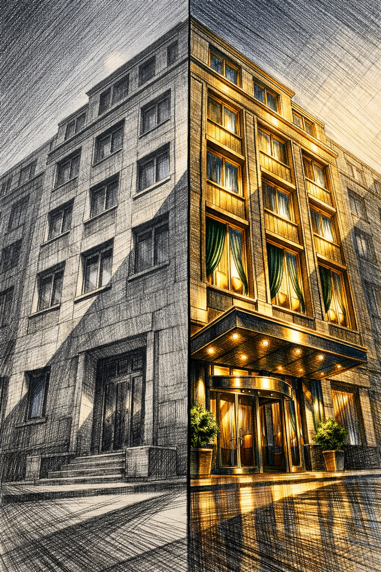 Sustainable hotel architecture: transforming a mid-century office building into a luxury five-star hotel facade.