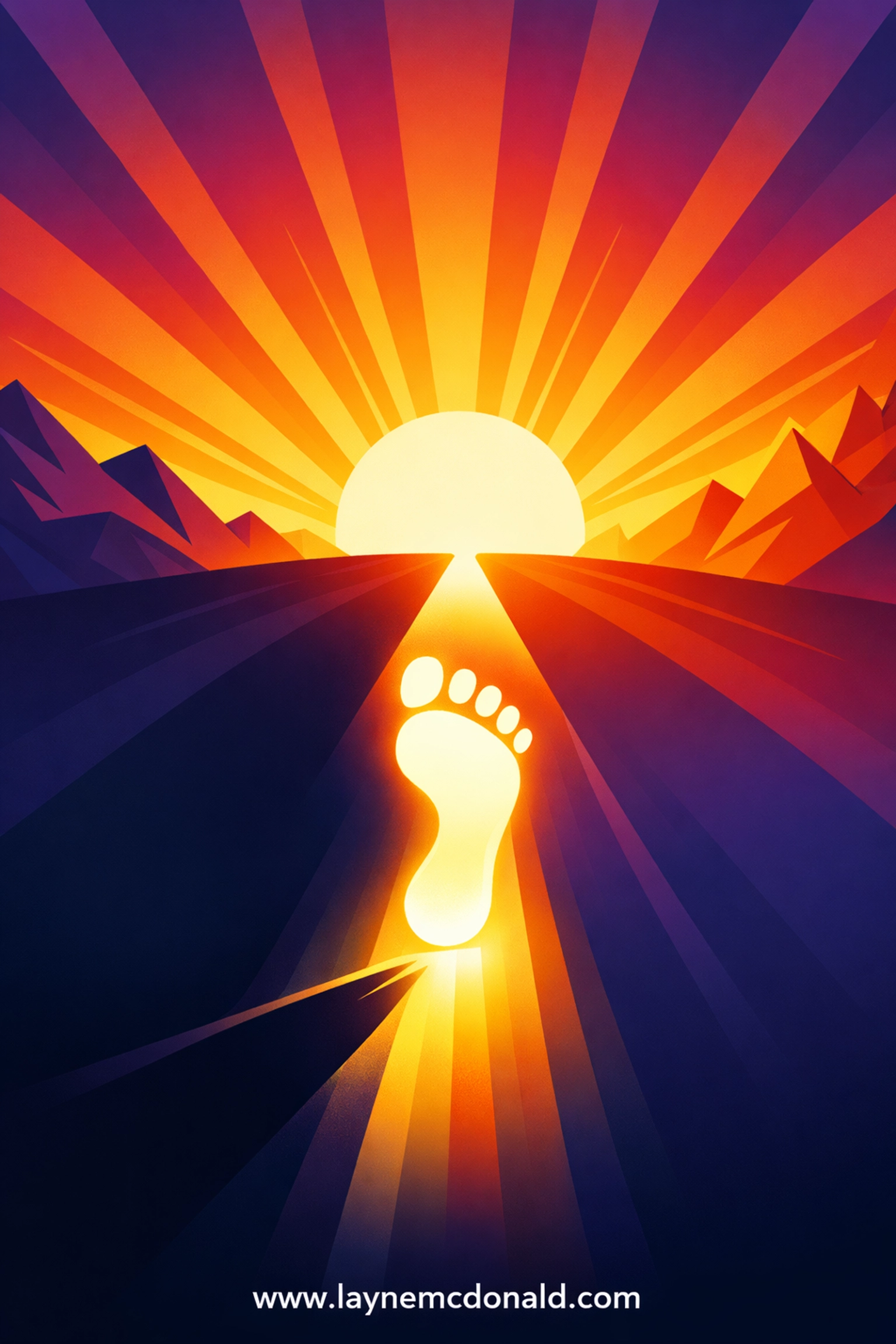 Footprint stepping forward onto bridge of light symbolizing brave action toward healing breakthrough