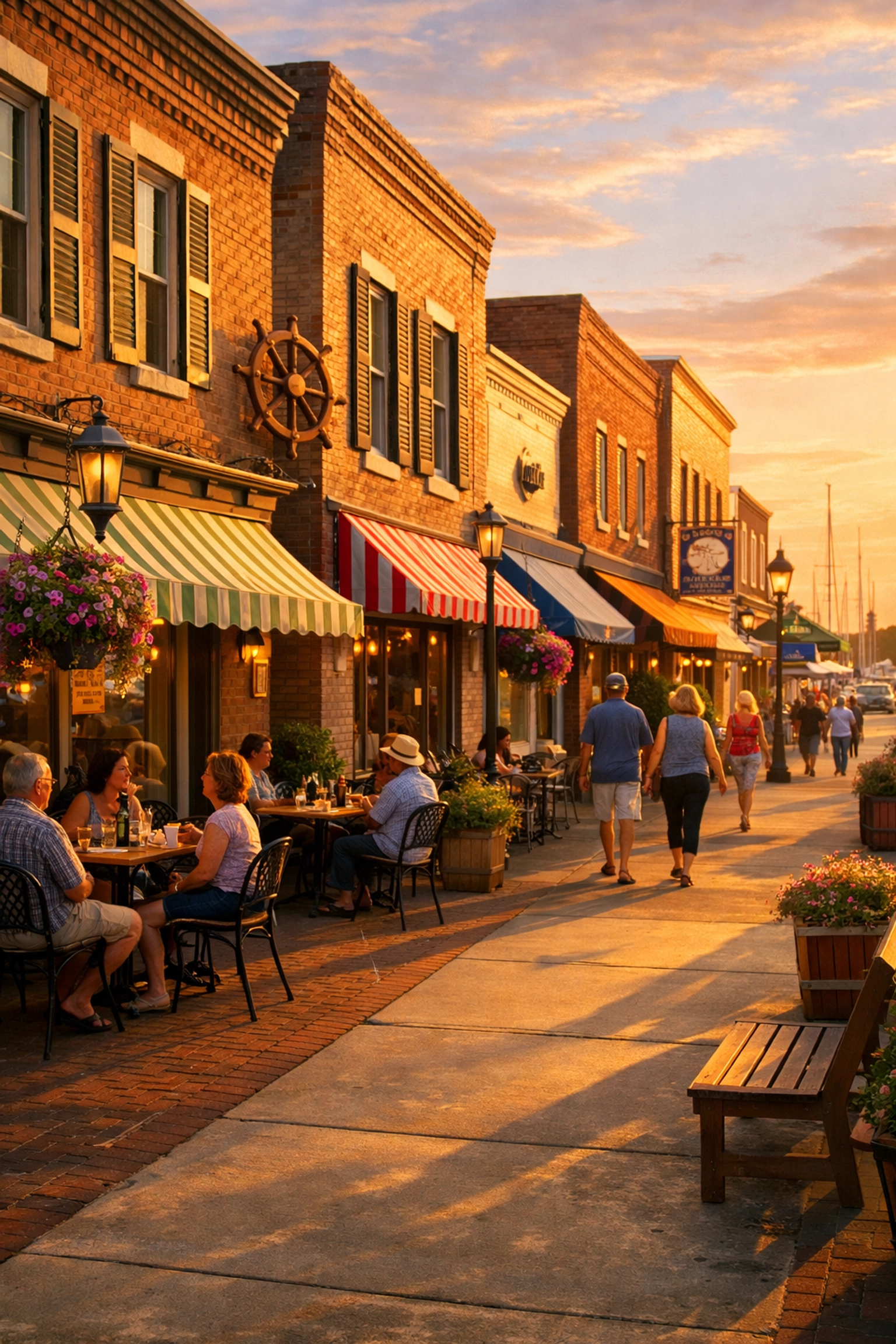 Revitalized Main Street in coastal North Carolina with outdoor dining and pedestrians
