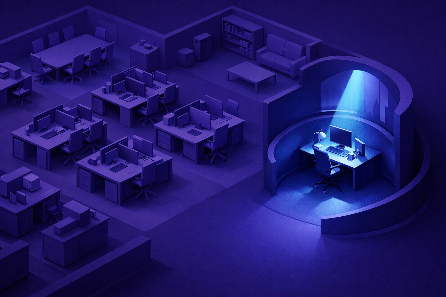 Isometric view of a quiet, strategic desk location in an office layout for better mental focus.