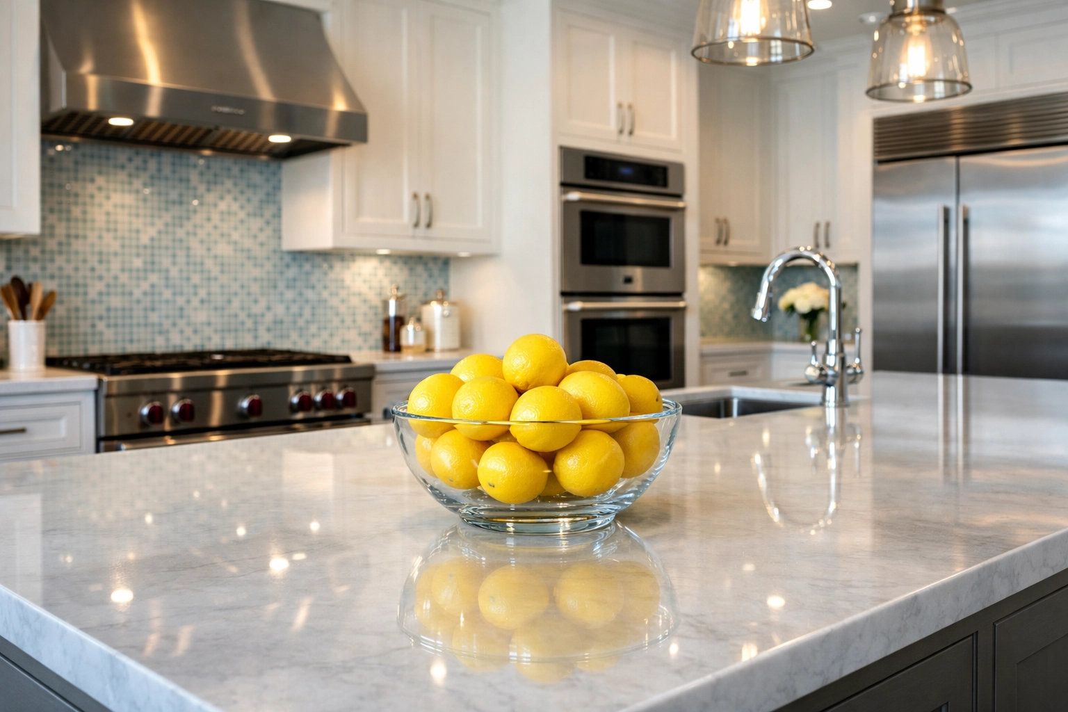 High-end kitchen with spotless marble countertops after a professional deep clean in Bolton MA.
