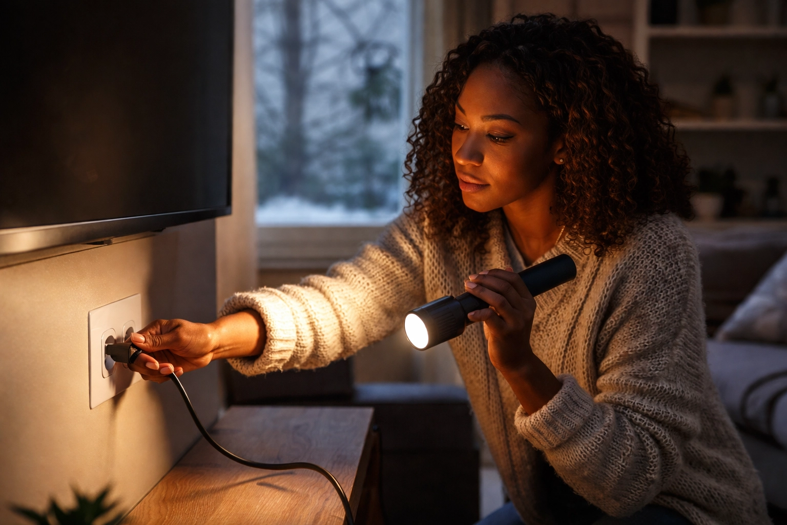 African American woman unplugs TV in living room during power outage for electrical safety in Marietta GA