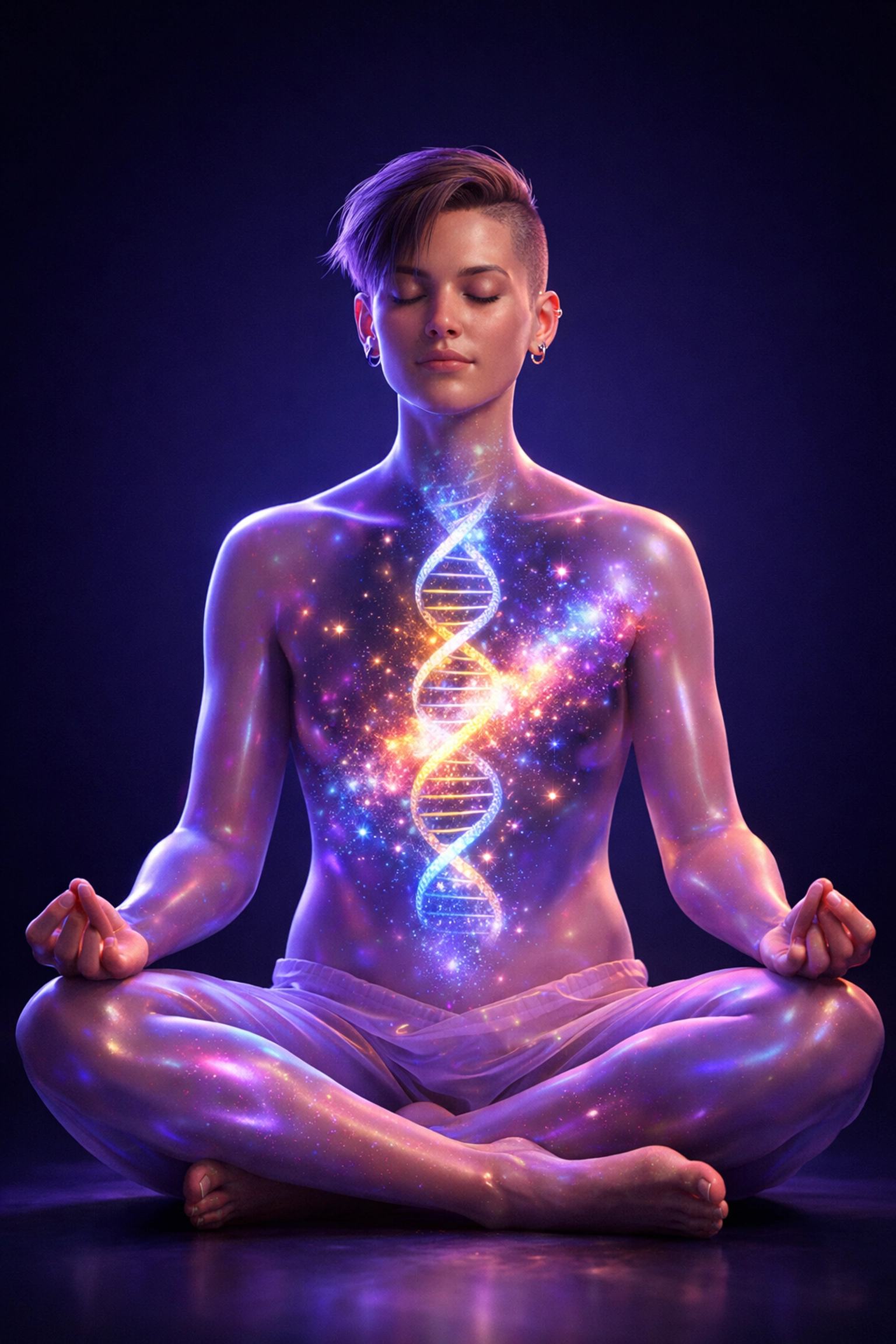 Meditating non-binary person with a glowing galaxy soul representing the science of gender and queer spirituality.