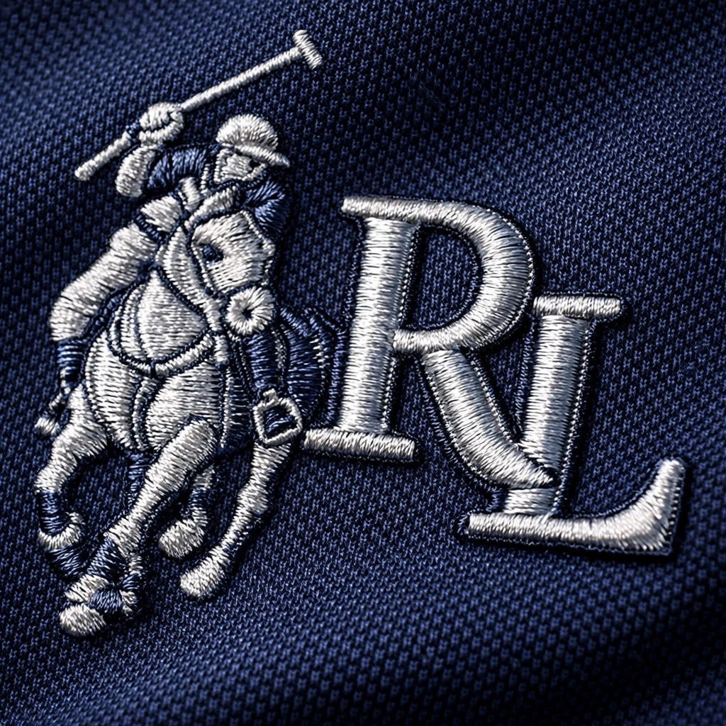 Close-up of professional custom logo embroidery on a navy blue business polo shirt for branding.