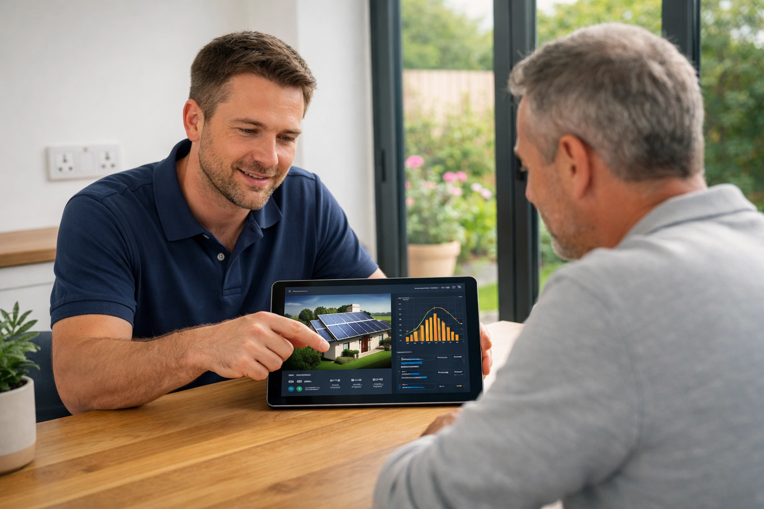 A professional solar consultant explaining a technical energy performance survey to a UK homeowner.