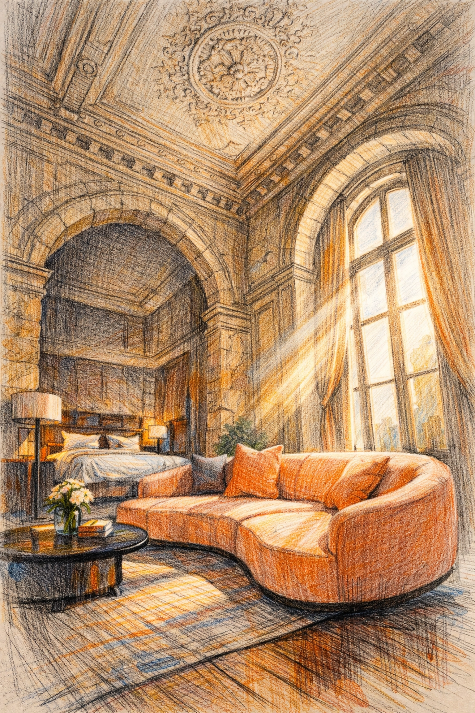 Modern peach sofa in a historic suite highlighting sustainable hotel architecture and classic heritage.