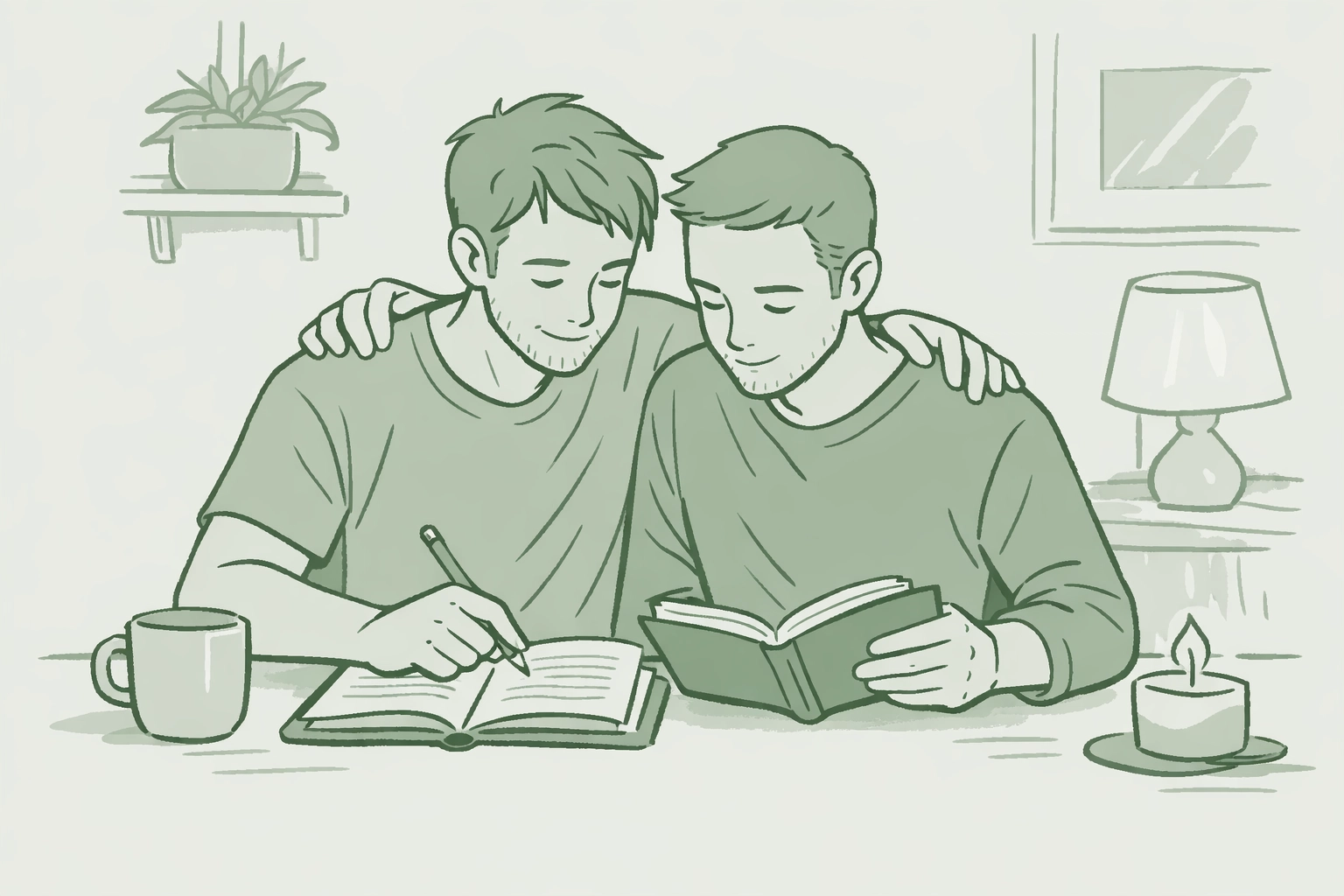 Two men reviewing relationship check-ins demonstrating care in gay contemporary romance