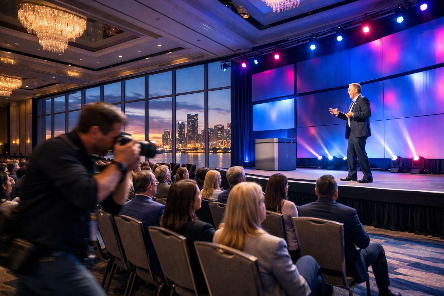 Corporate event photographer Miami capturing a keynote speaker at a professional conference.