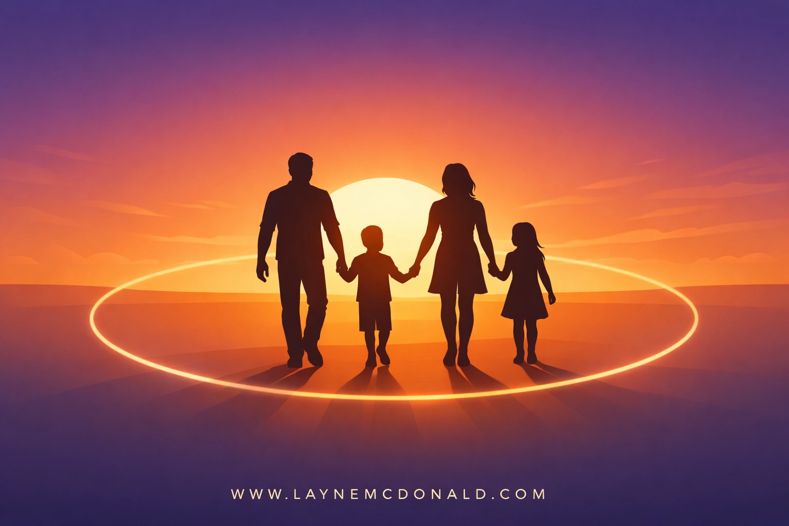Family silhouettes walking together within a protective circle representing a safe digital environment.