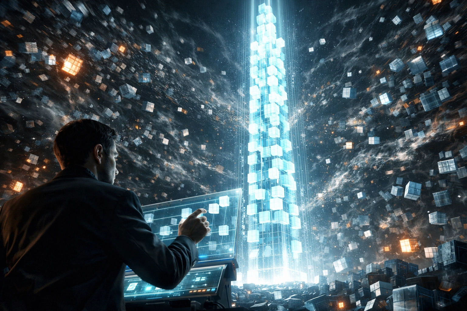 A professional organizing chaotic digital data into a structured pillar for AI support training accuracy.