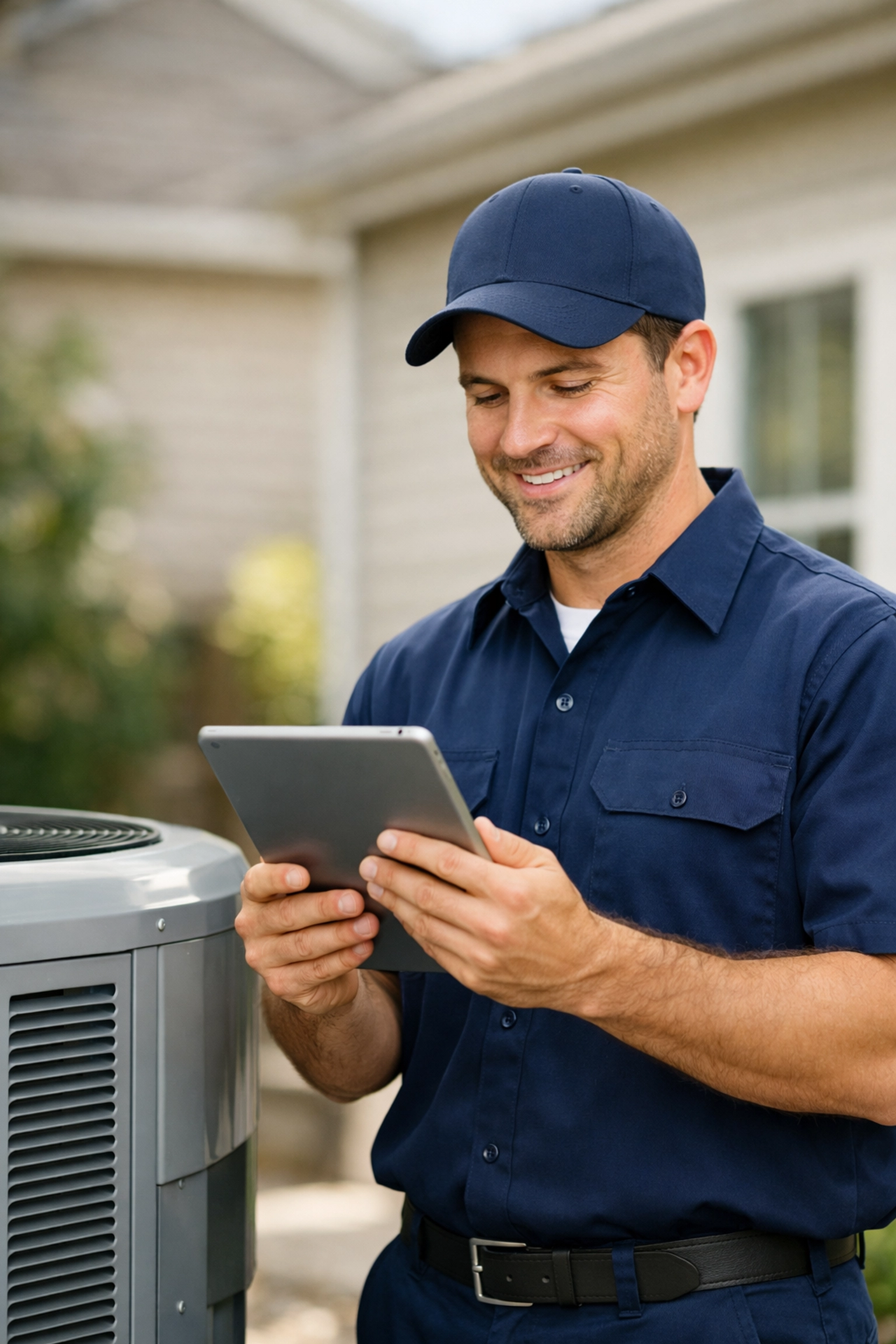 Professional HVAC technician using a digital tablet to manage emergency service calls and customer reviews.