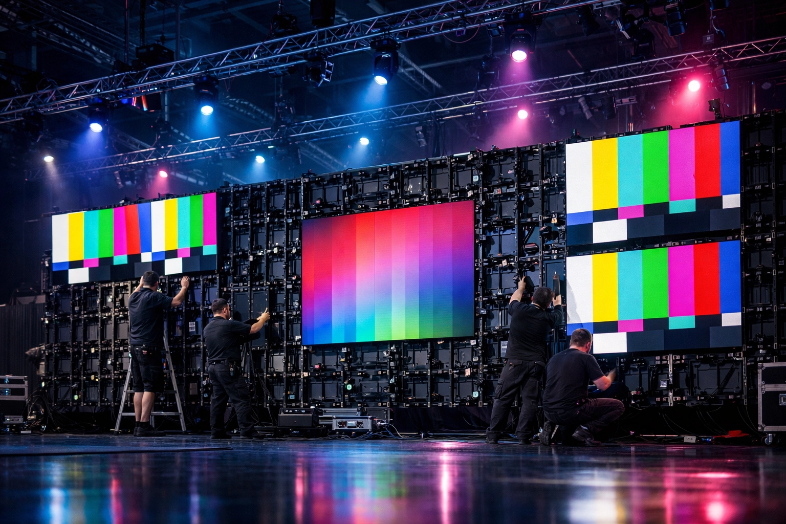Professional event production team setting up a massive 4K LED wall with advanced audiovisual rigging.
