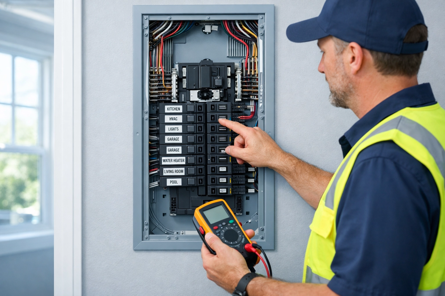 Licensed electrician inspecting residential electrical panel in Florida home