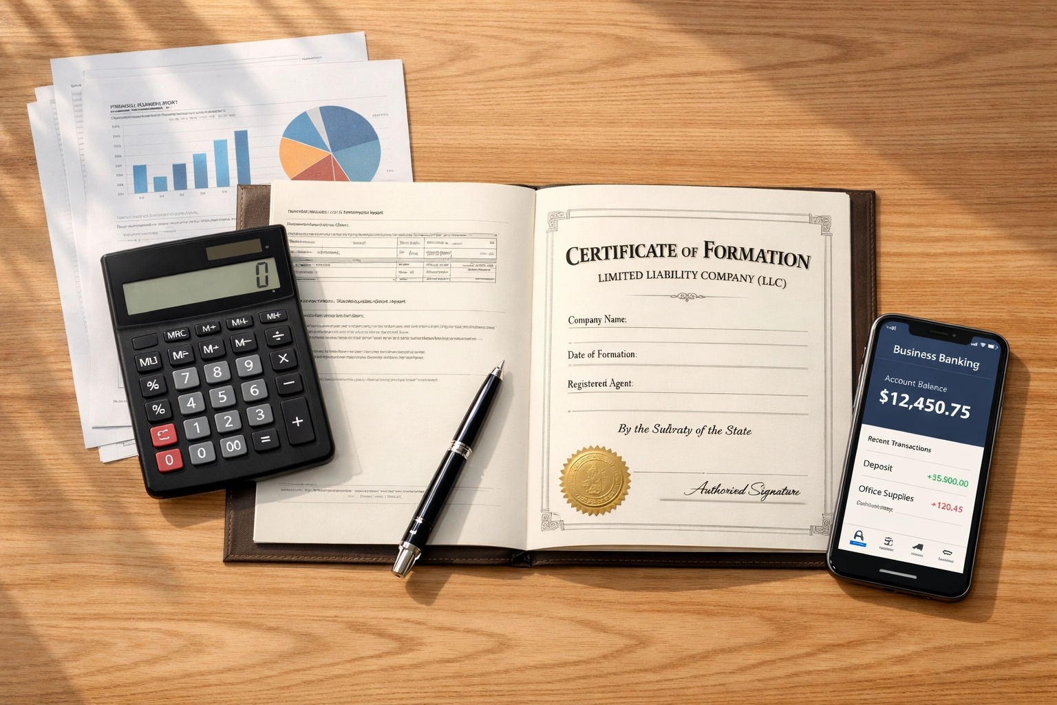 Organized business documents and open LLC certificate on a desk, representing business setup for owner-operator trucking companies.