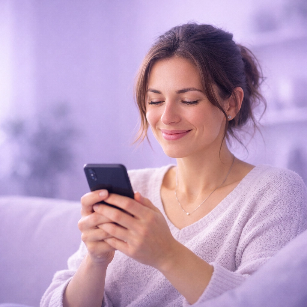 Relieved woman using her phone to access a payday loan online in Canada during a financial emergency.
