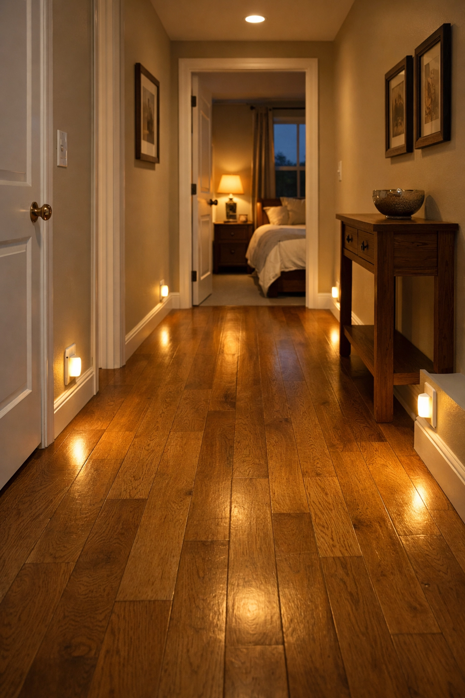 Motion-sensor nightlights illuminating a clear hallway path to improve senior home safety and prevent night falls.