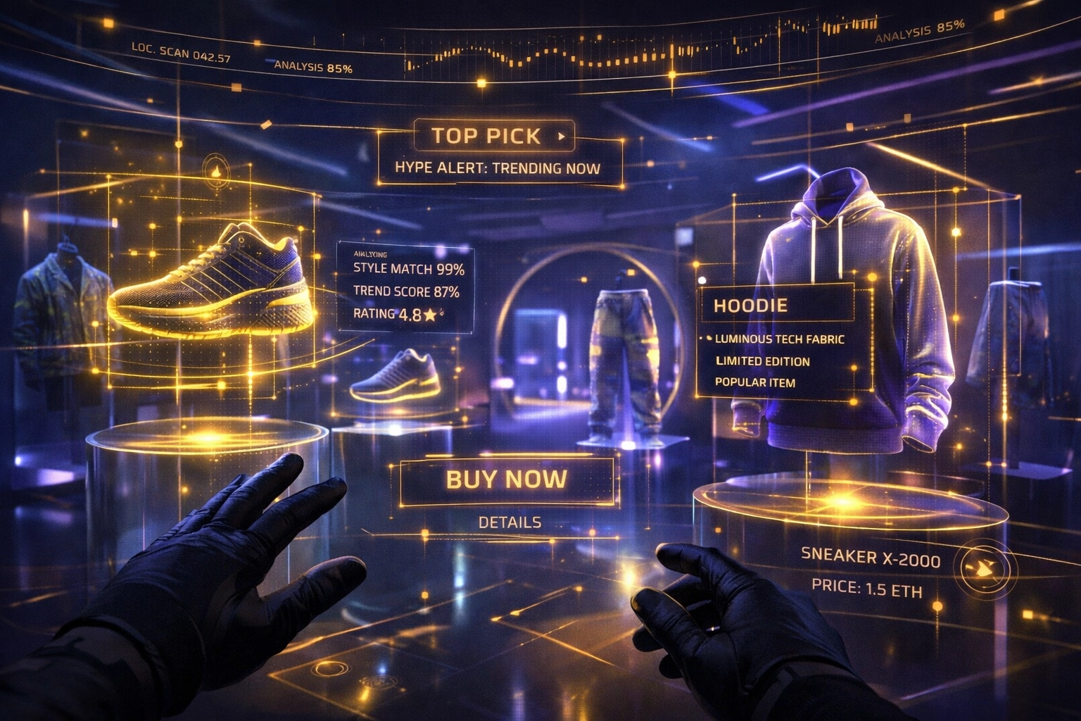 AI-driven shopping assistant scanning holographic digital products in a virtual metaverse store.