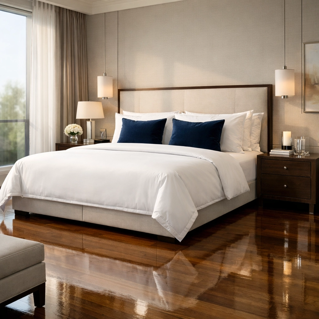 A master bedroom with mirror-finish hardwood floors after residential cleaning Massachusetts services.