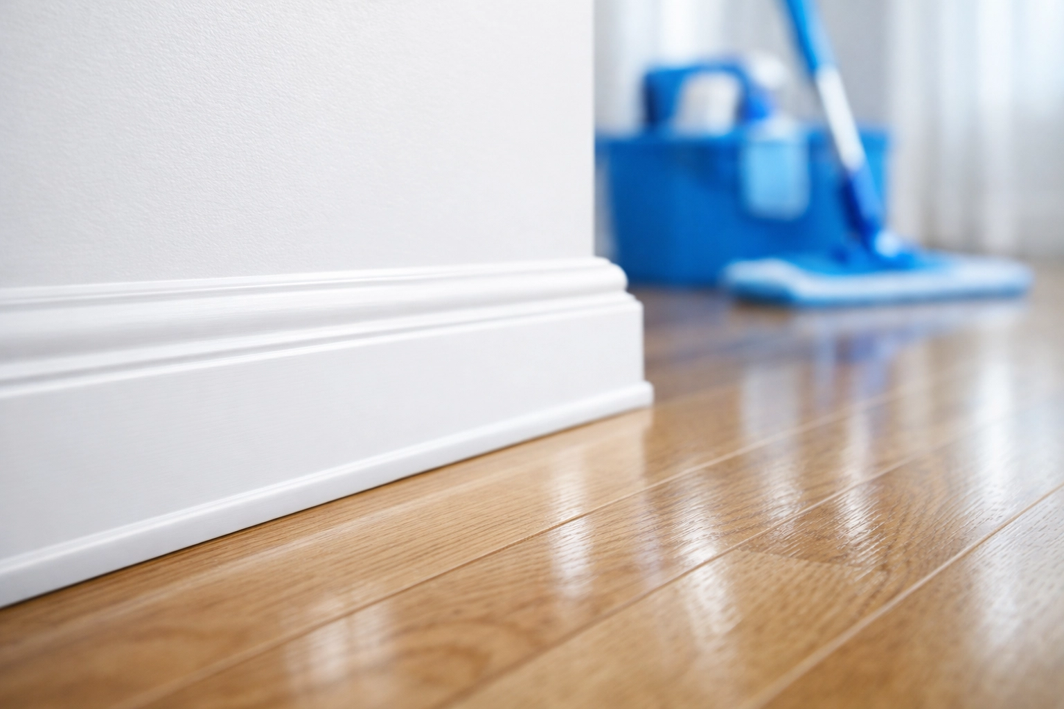 Detail of spotless white baseboards after a professional house cleaning Worcester MA service in a local home.