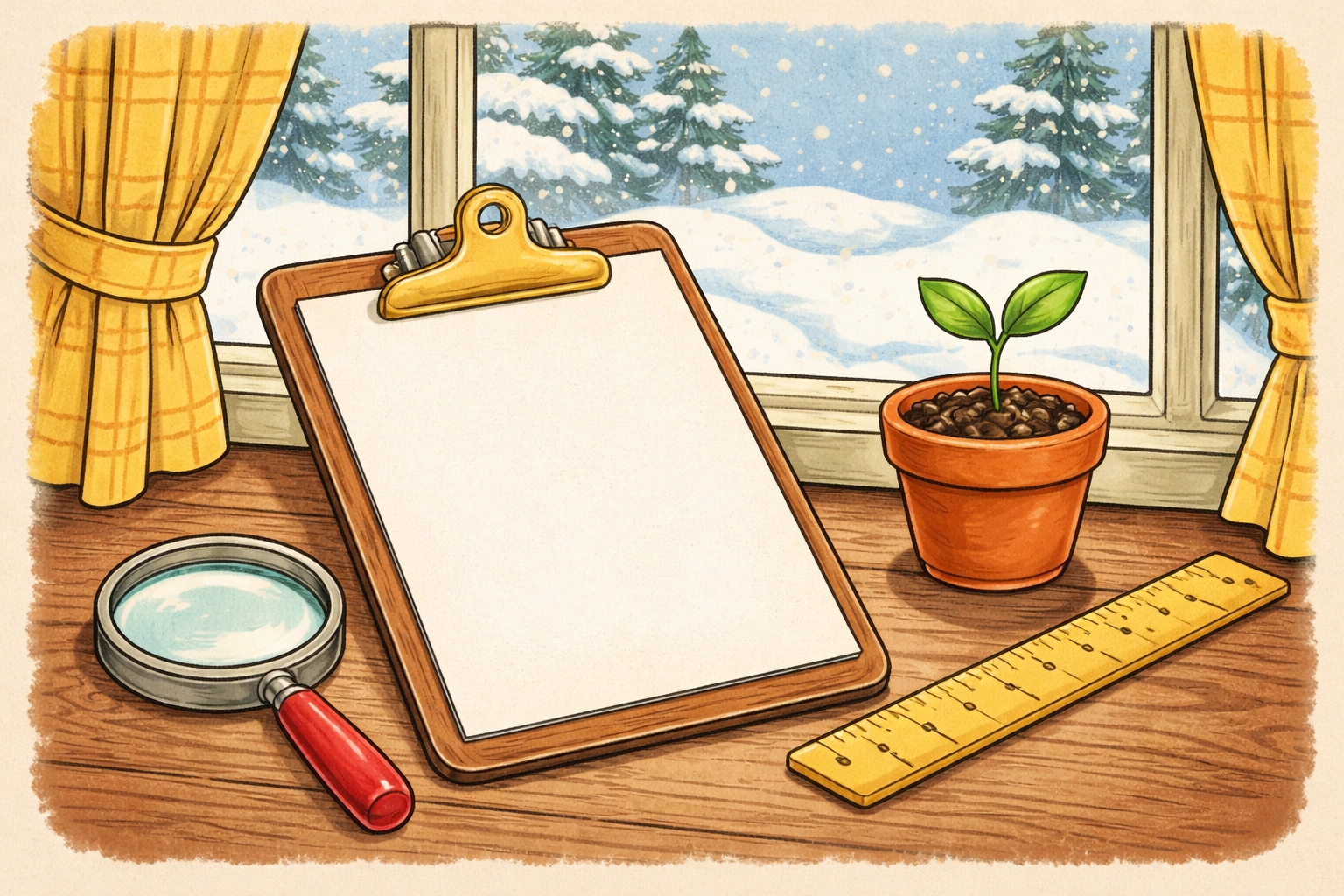 A simple winter observation station with a magnifying glass, ruler, and a tiny sprout on a snowy windowsill (storybook illustration, no people).