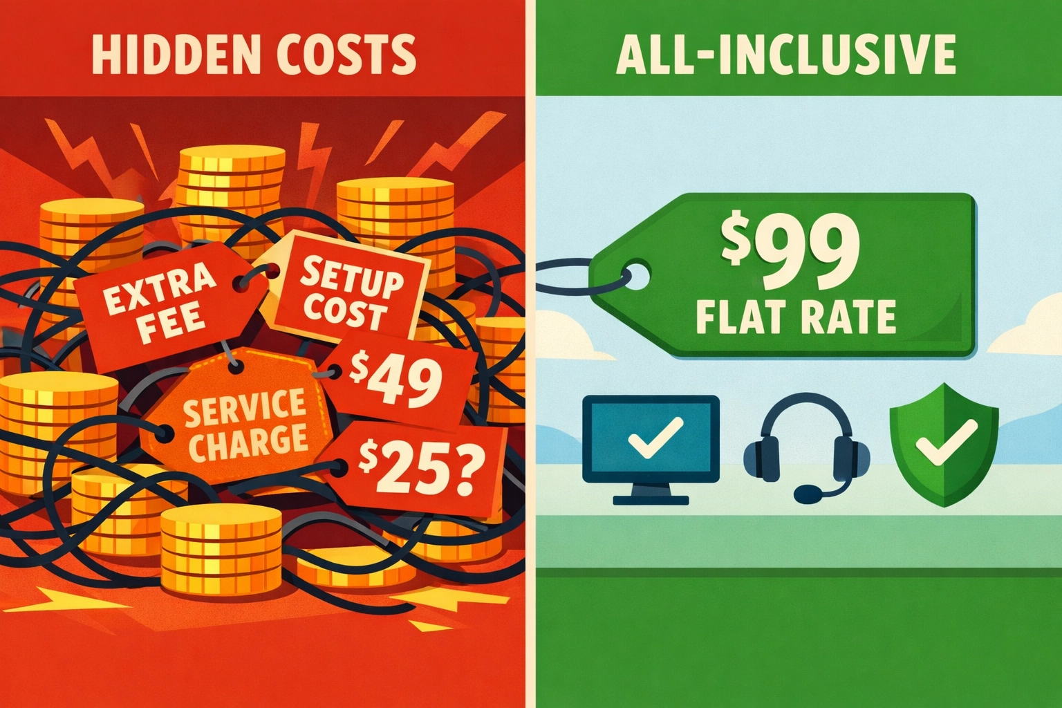 Comparison of hidden software costs versus transparent flat-rate pricing for contractors