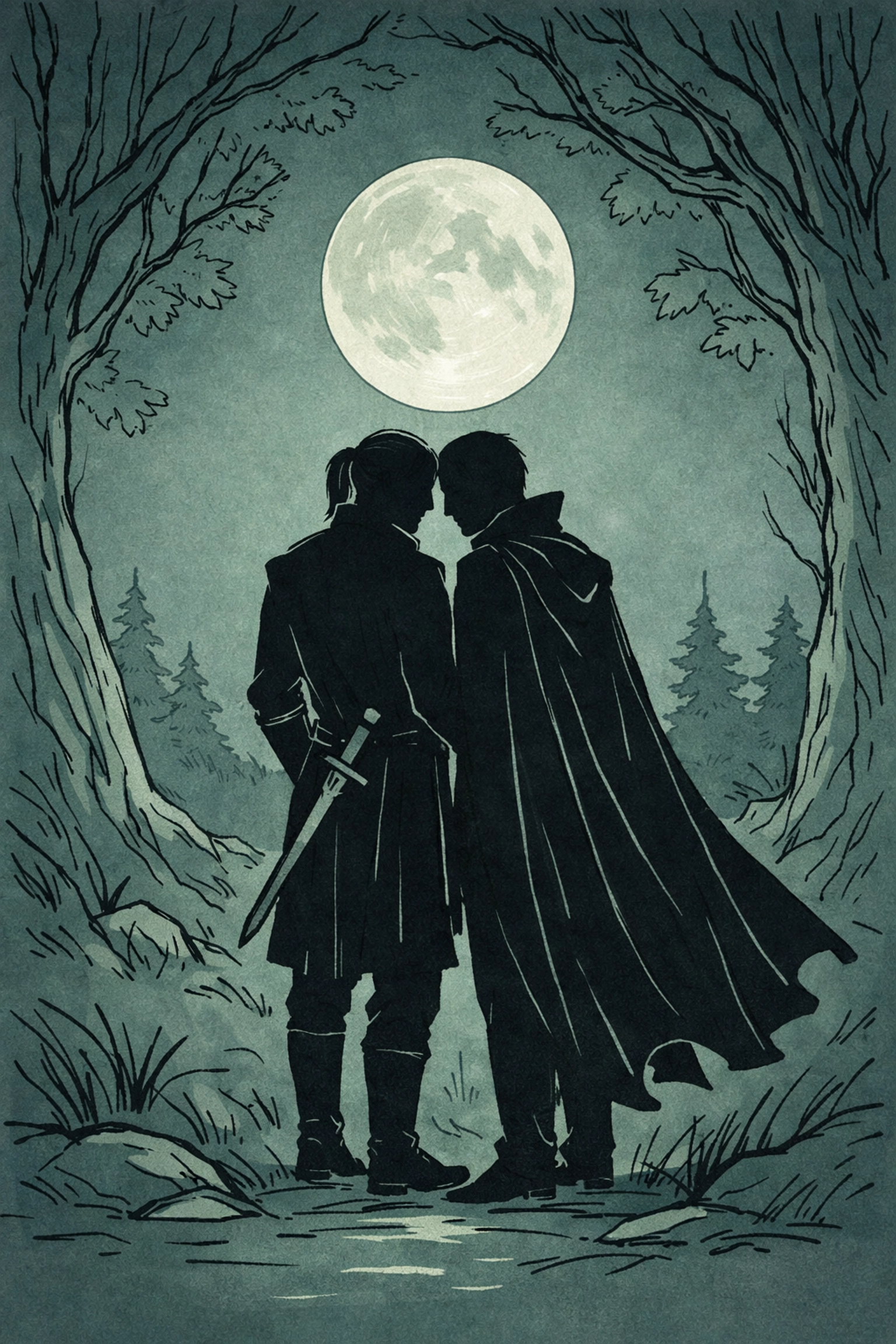 Witcher and vampire standing close under full moon in enchanted forest - gay fantasy romance