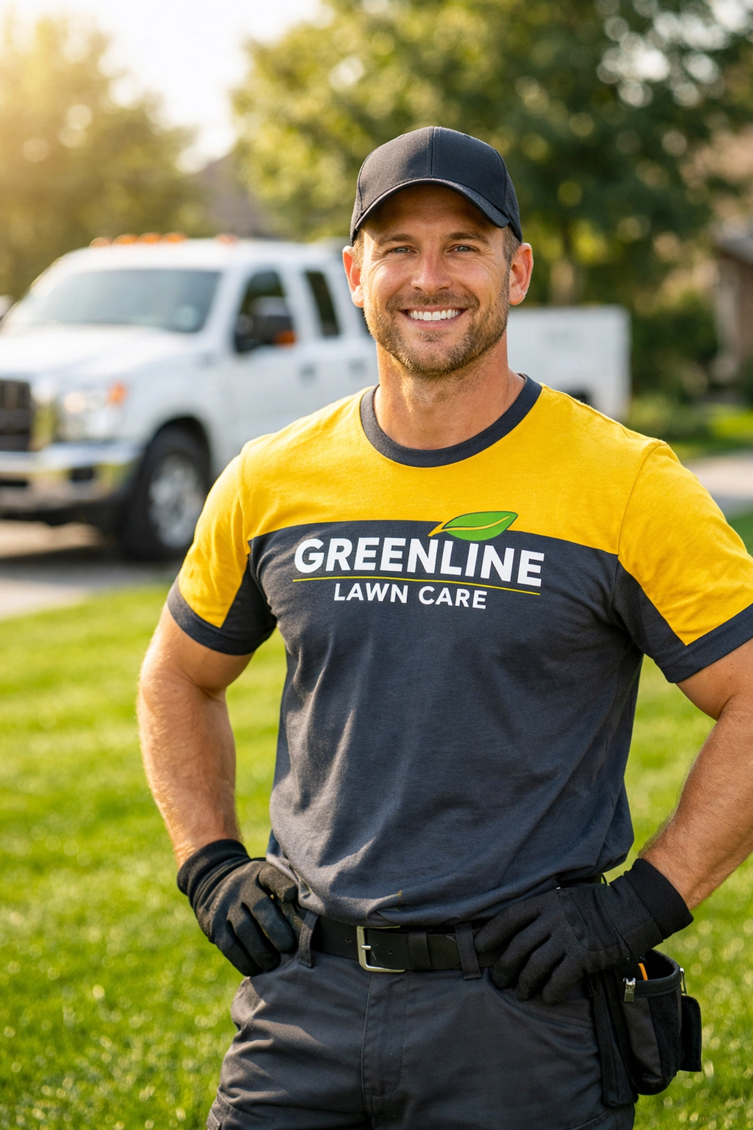 Professional landscaper wearing custom t shirts to build brand trust and visibility.