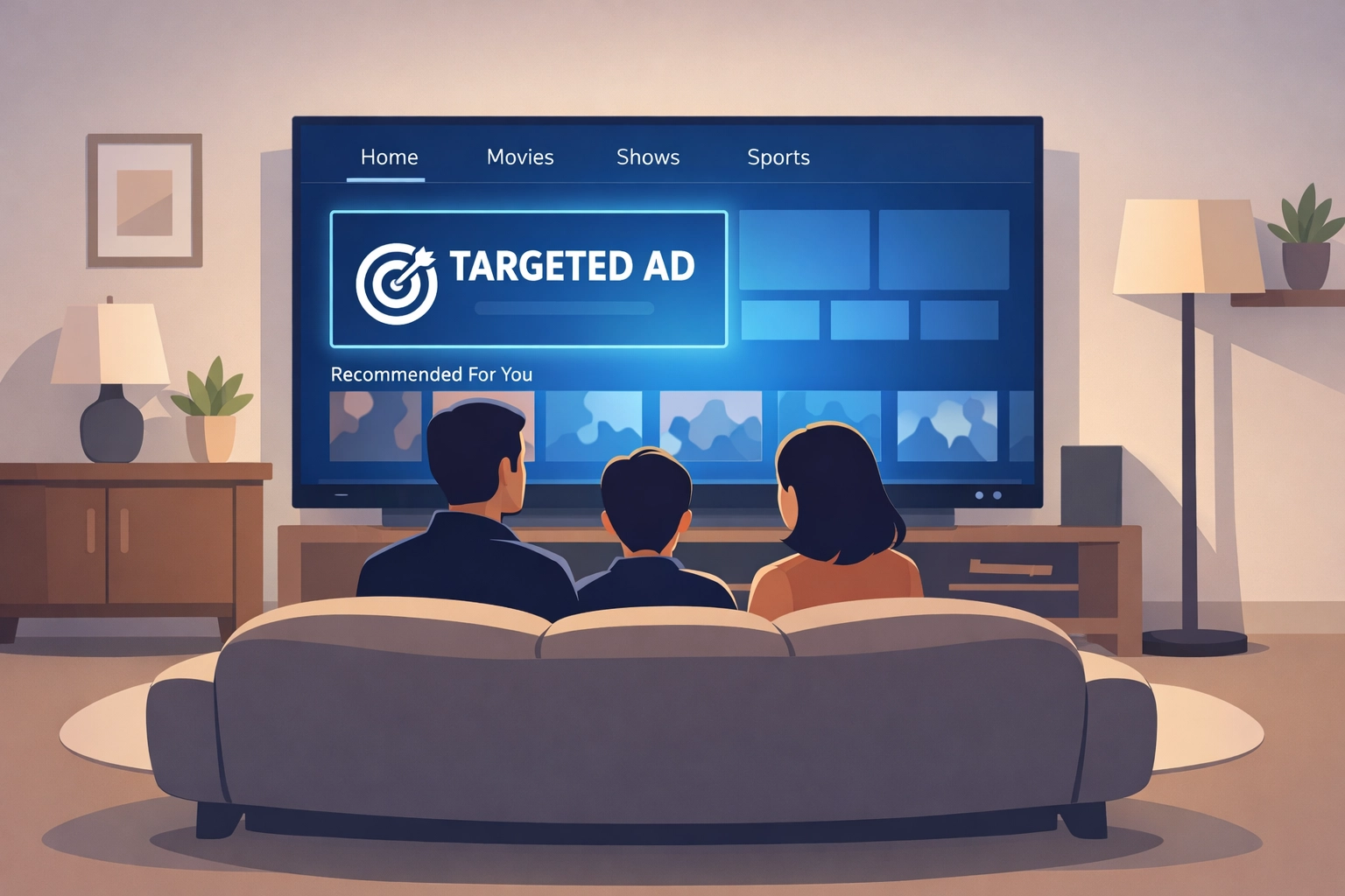 Family watching CTV streaming ads on smart TV in living room for political campaigns