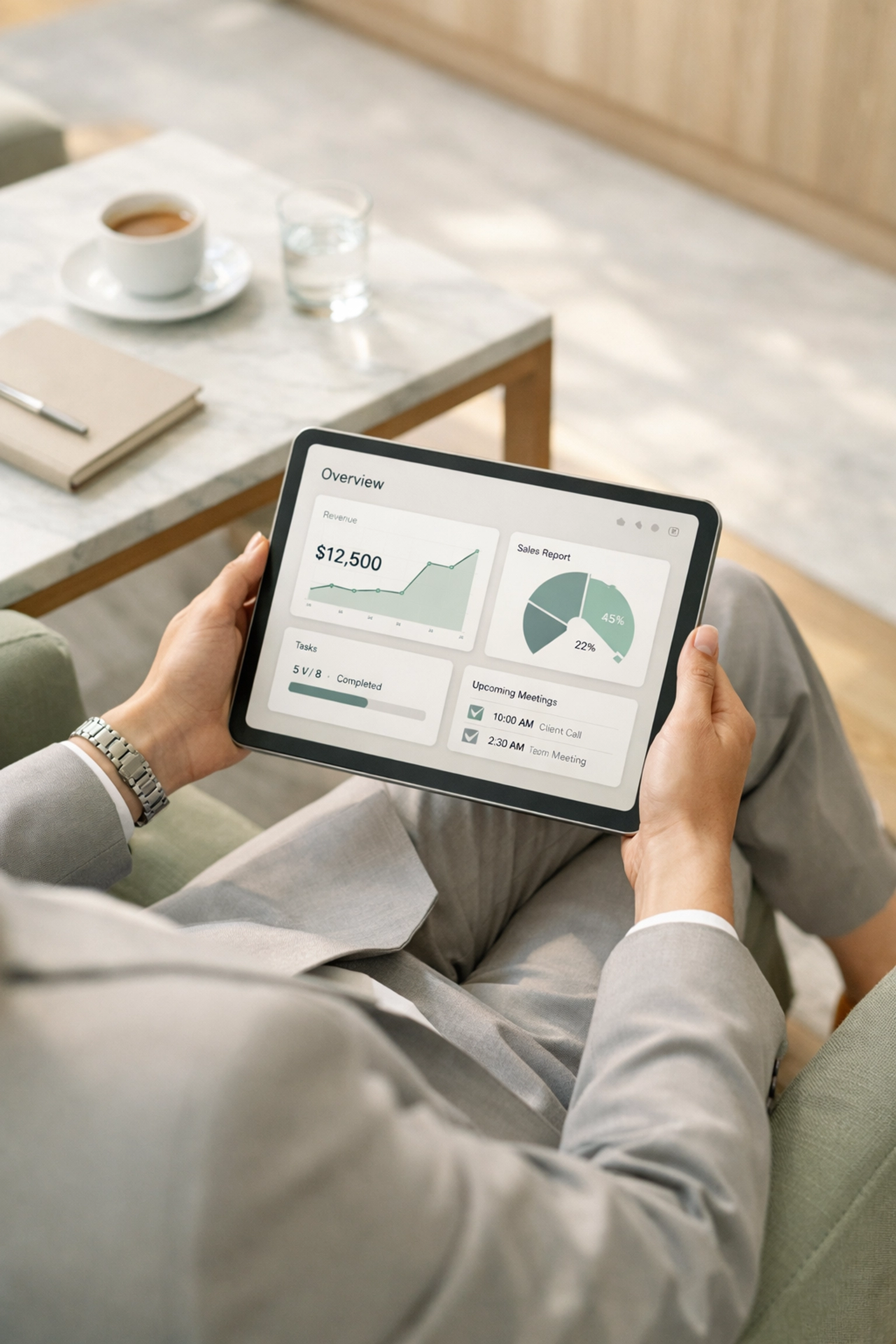 Hotel staff using a cloud-native PMS dashboard on a tablet in a modern lounge.