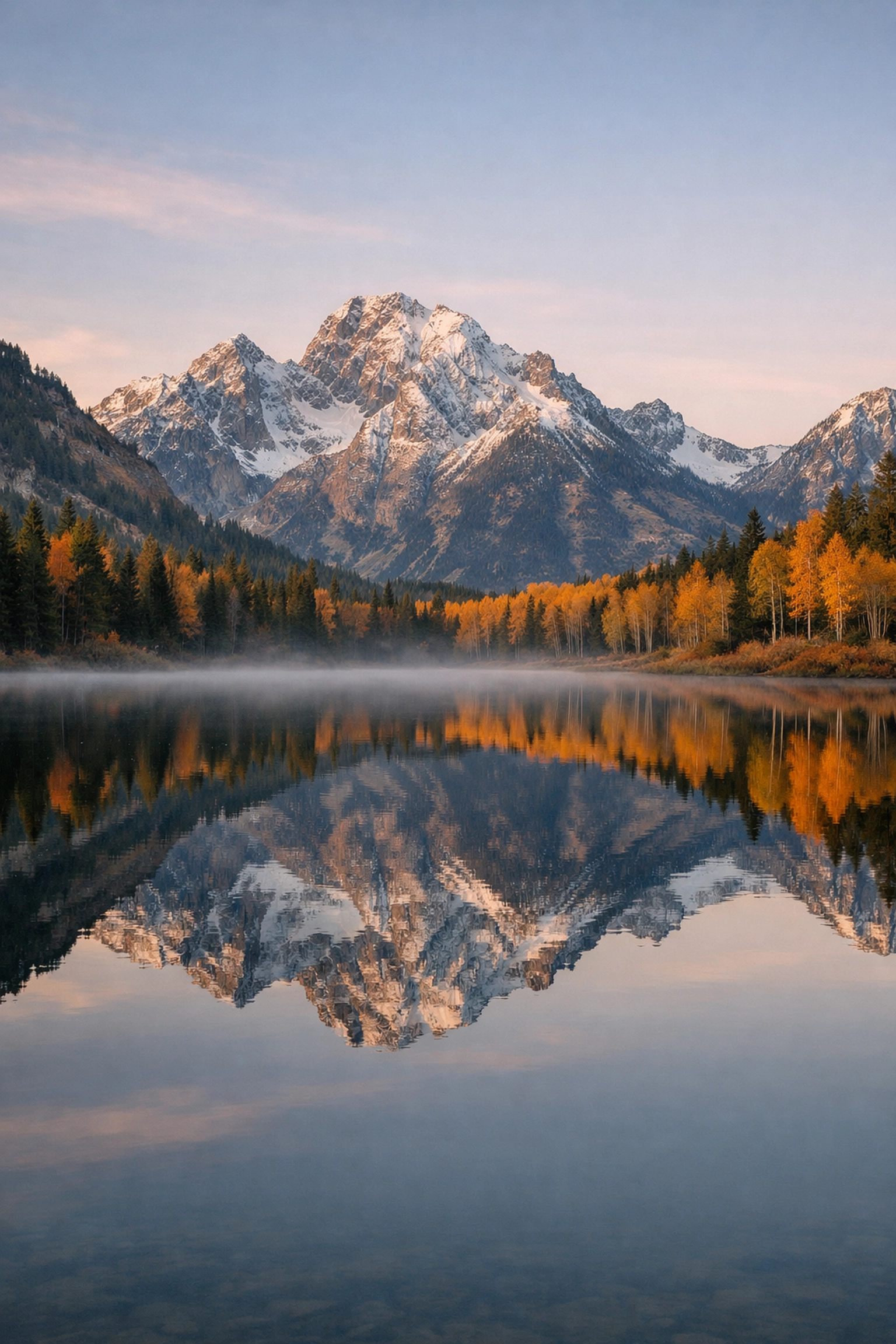 Mirror-like mountain lake landscape photography with natural colors and soft dawn light.