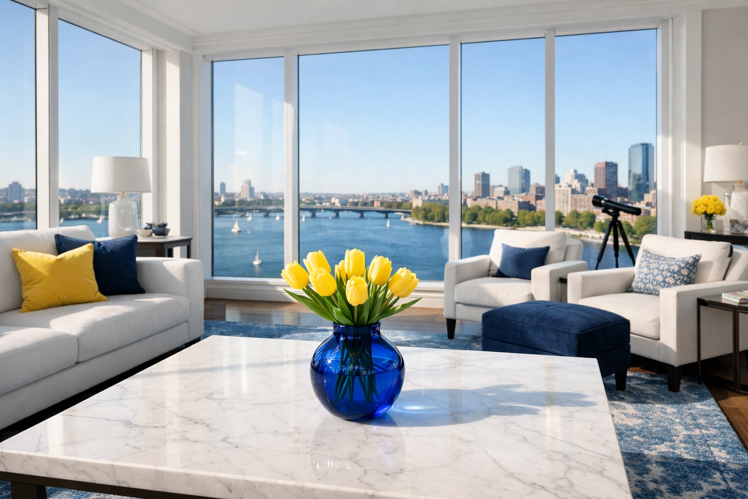 Sunlit luxury living room in Boston after professional deep cleaning services for a total home reset.