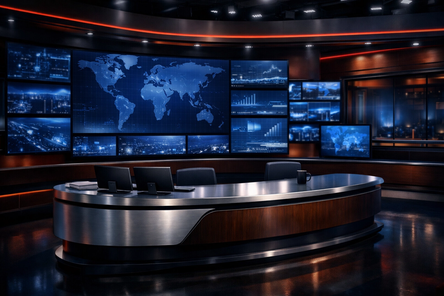 A calm, professional newsroom studio with navy blue maps, representing a peaceful approach to nightly news in Christ.