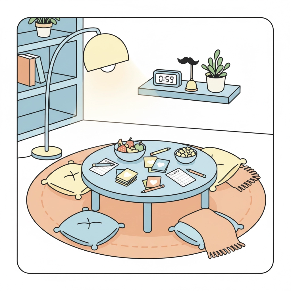 A cartoon drawing of a living room set-up and ready for a quiz