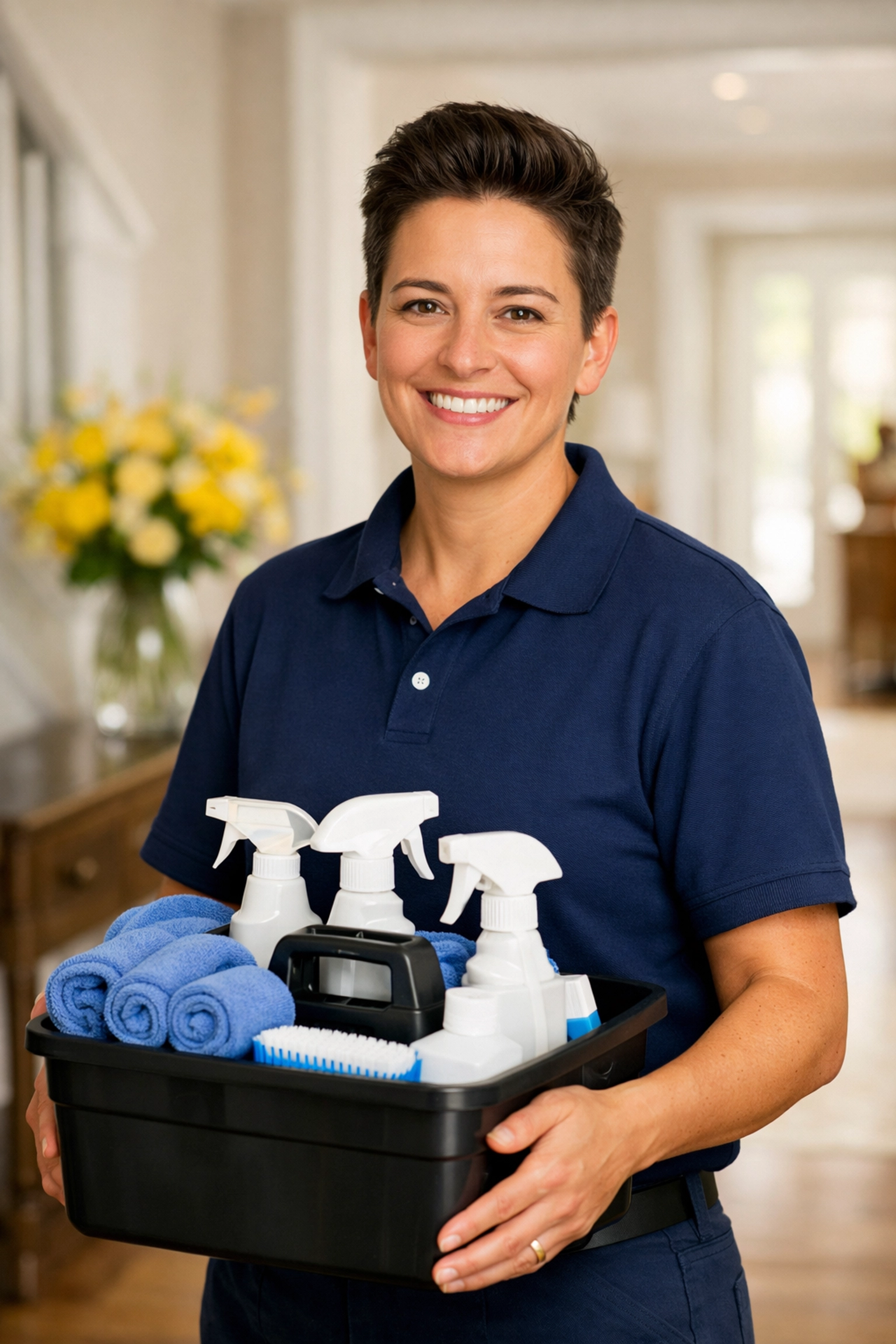 Friendly house cleaning professional from MetroWest Cleaning Services in a Bedford home.