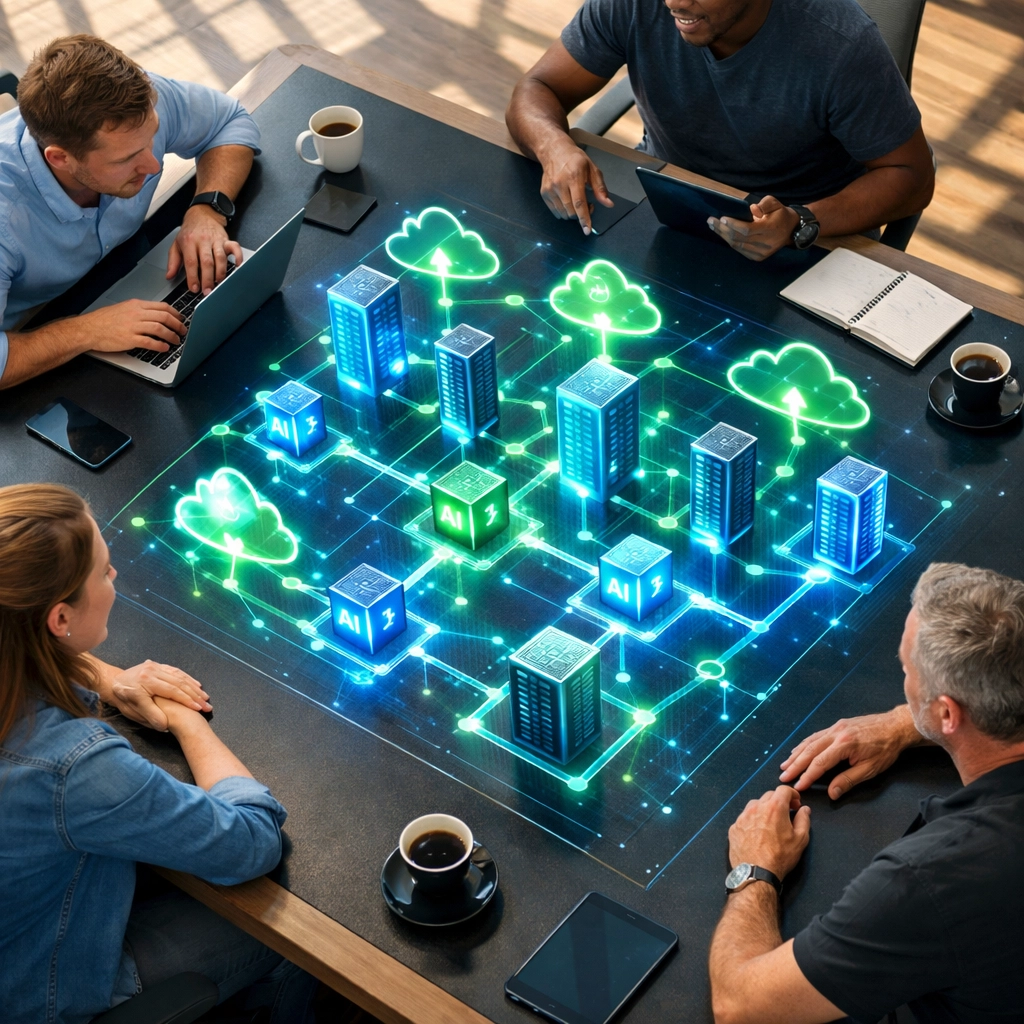 IT professionals reviewing ServiceNow ITOM infrastructure with connected servers and cloud systems