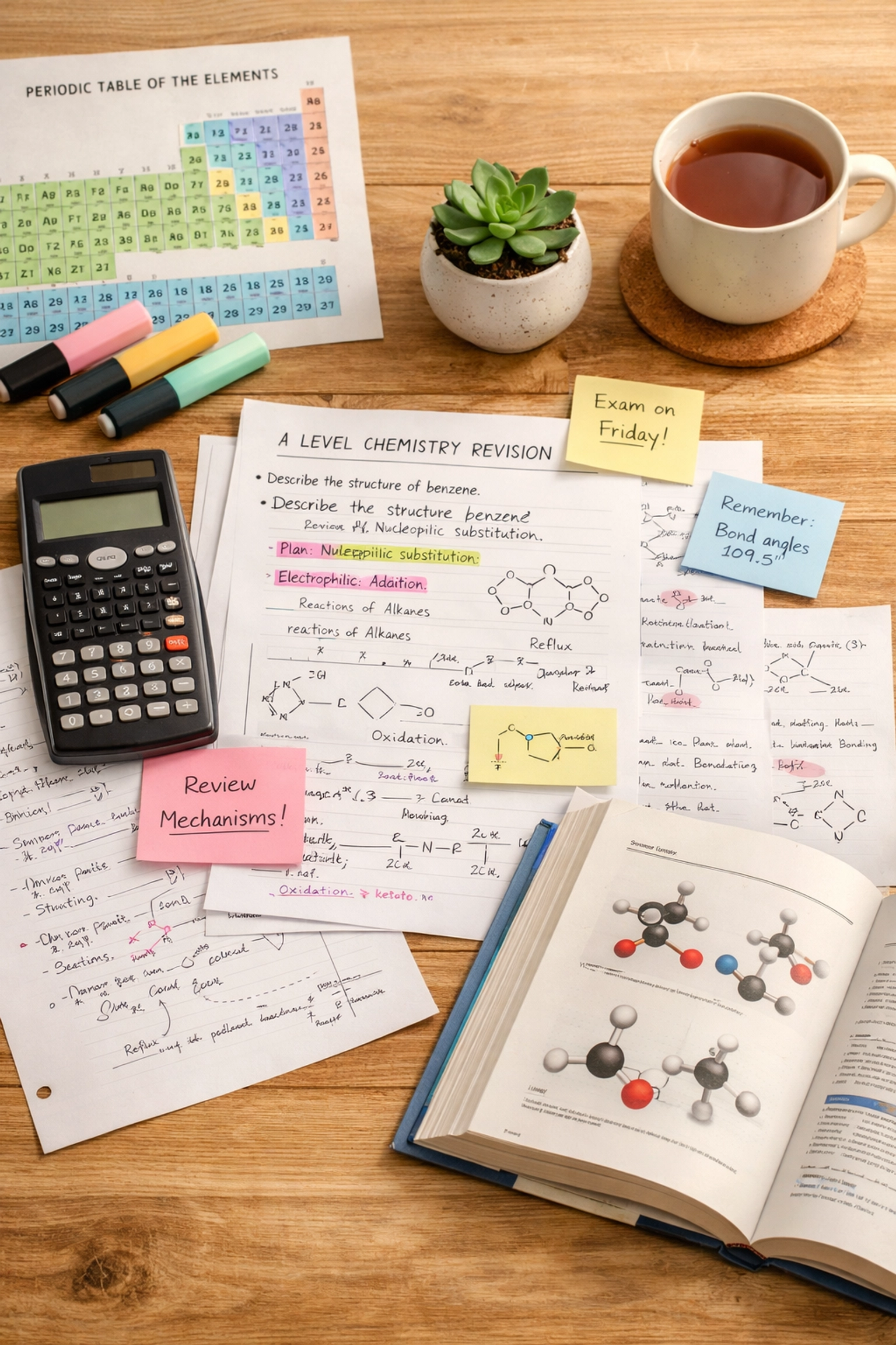 Organized A Level Chemistry study desk with revision materials, calculator, and exam papers
