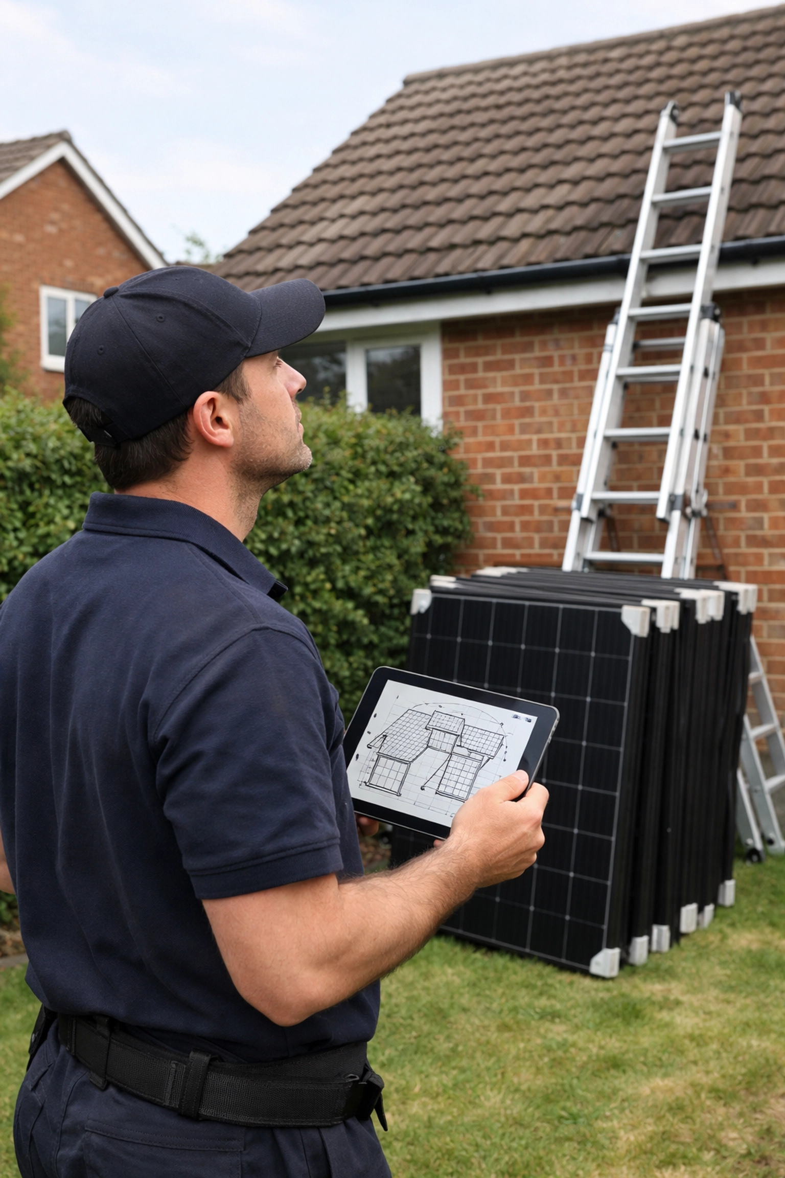 Expert solar technician conducting a professional site survey for a residential UK solar installation.