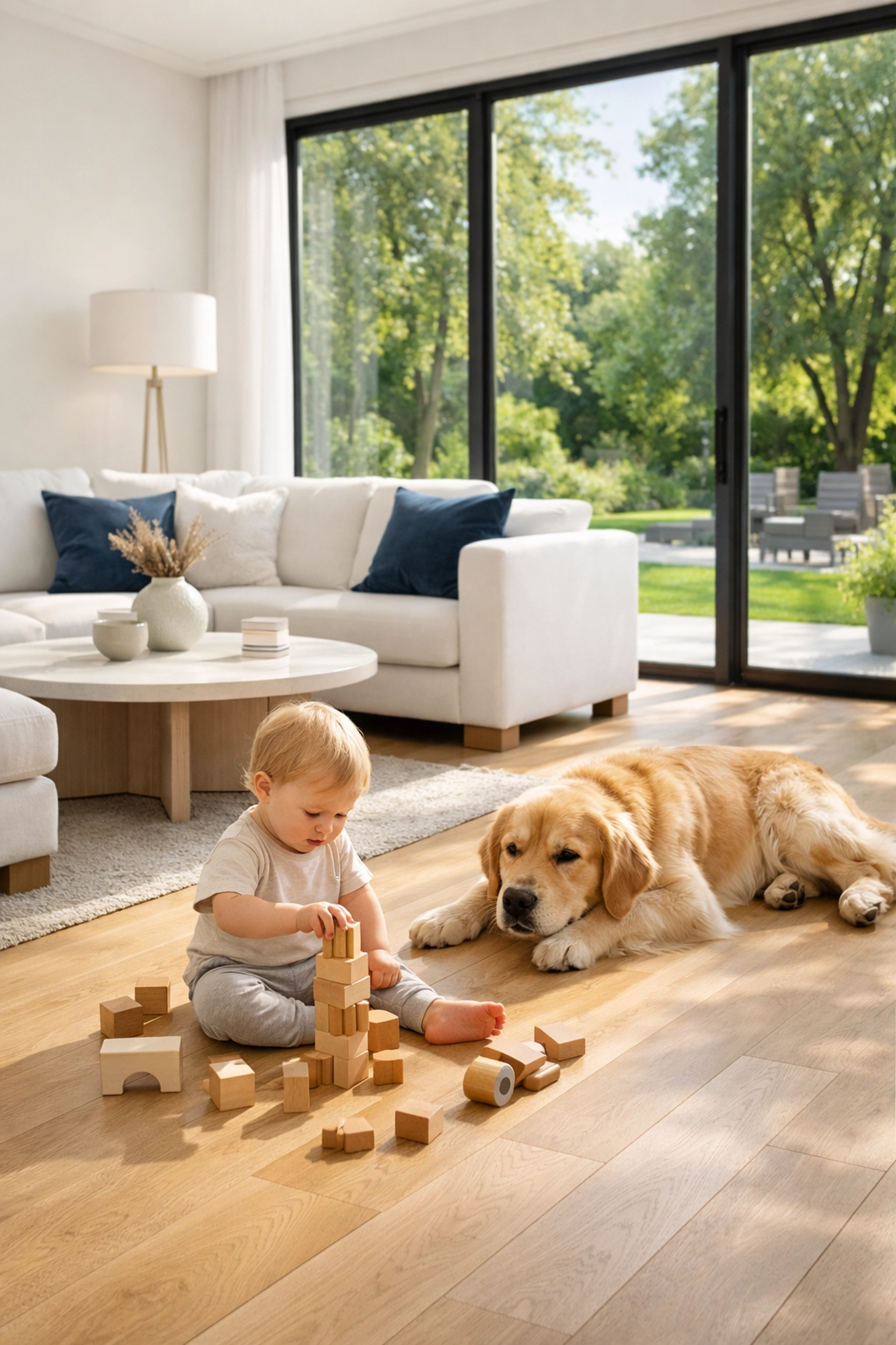 Toddler and dog playing on a safe, clean hardwood floor in an Acton home after eco-friendly cleaning.