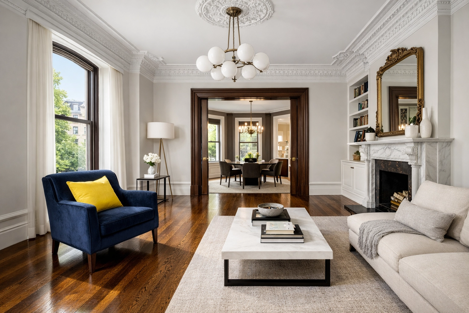 Clean Boston brownstone living room with pristine hardwood floors, ideal for professional apartment cleaning Boston.