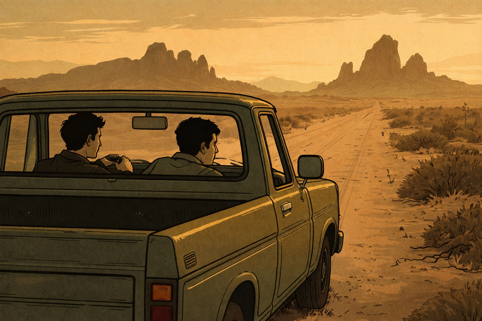 Two men in a vintage pickup truck driving through an isolated desert, symbolizing the beginning of their harrowing survival horror journey in Dust and Bone.